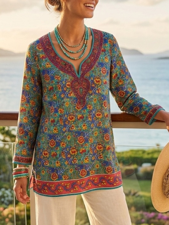 Soft Surroundings Tops - Soft Surroundings Split Neck Floral Tunic Top Size L Lightweight Resort Relaxed
